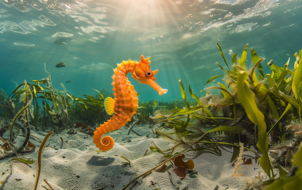 Seahorse camouflaged in seagrass, a highlight of seagrass scuba diving